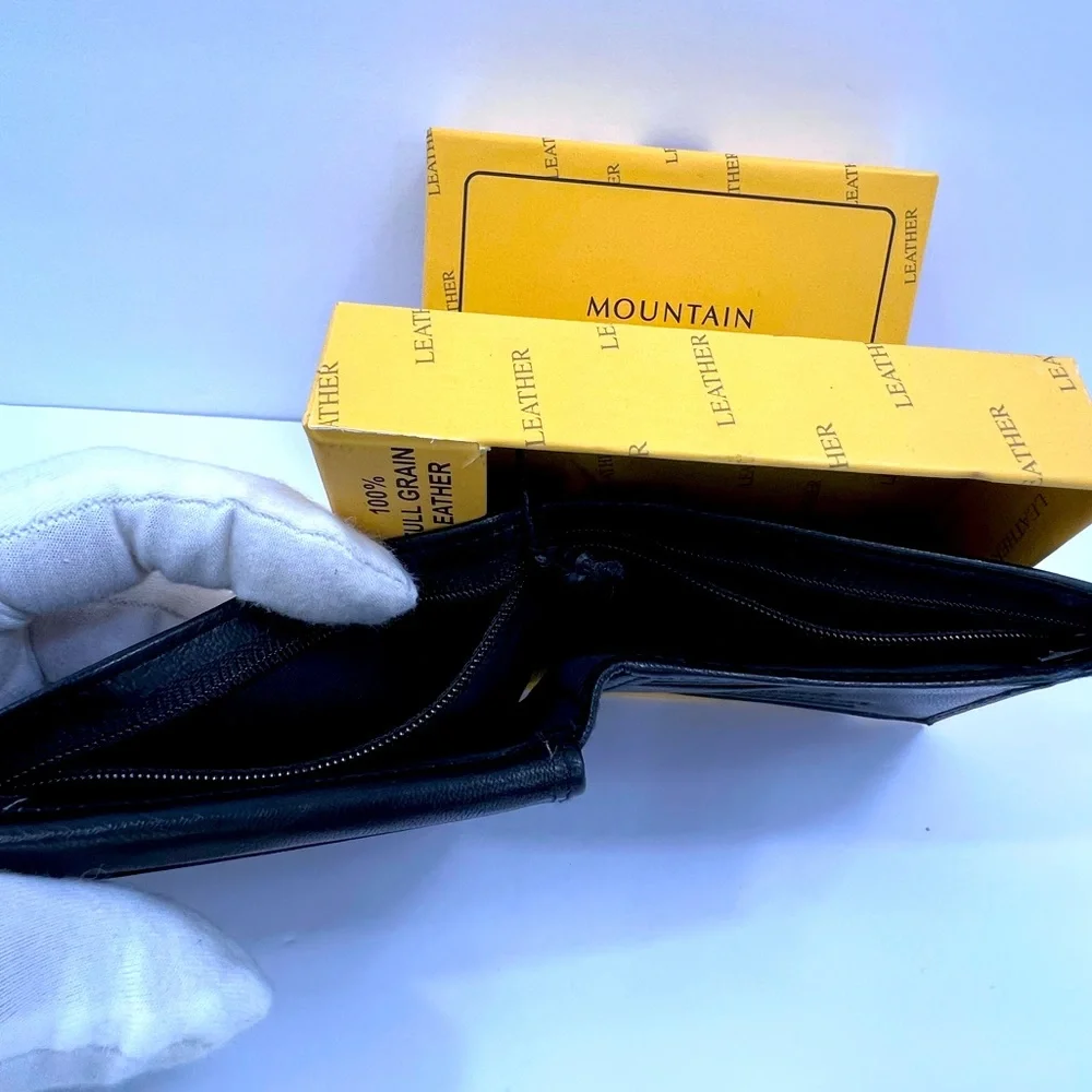⭐️STONE MOUNTAIN💯MENS BLACK LEATHER WALLET W/RFID PROTECTION, INTERIOR ZIPPER